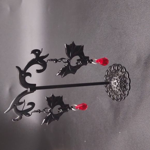 Stainless Steel Black Bat Earrings Goth Vampire Blood Red Gem Halloween